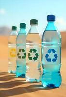 Four clear plastic bottles with caps yellow, green, blue filled with water, each displaying a green recycling symbol photo