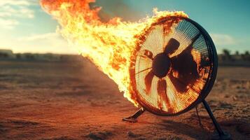 Destructive Fire Burning Electric Fan in Desert Action Capture Dramatic Landscape photo