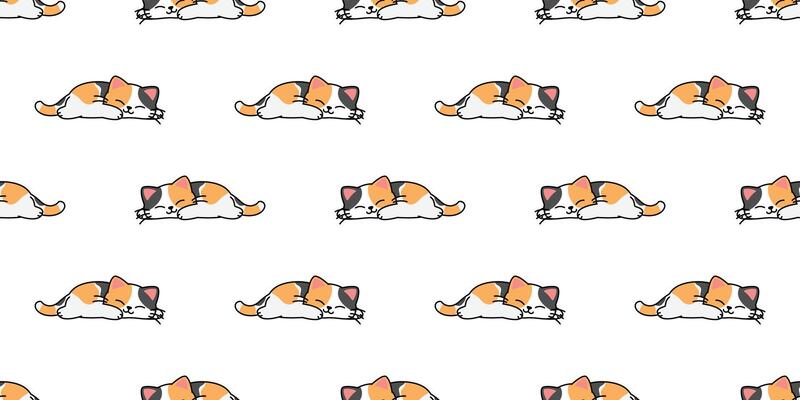 Lazy calico cat sleeping cartoon, Cute fat cat three color seamless pattern