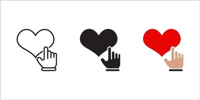 Click Heart Shape Button Pictogram. Finger Tap On Heart Line and Silhouette Icon Set. Love At Valentine's Day Symbol. Editable Stroke. Isolated Illustration. vector