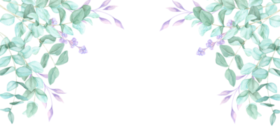 Elegant eucalyptus stems in watercolor form a botanical frame with green foliage. This clipart banner is for digital scrapbooking, branding elements, greeting cards, and elegant event invitations png
