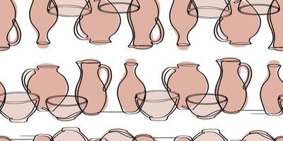 seamless pattern with clay pottery vases and bowls in line art style, natural pastel background, boho ceramic decor, minimalist earthenware texture design cards vector