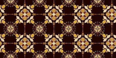 indian seamless pattern with golden floral and geometric ornaments on dark brown background, traditional ethnic textile design, repeating elegant motif vector