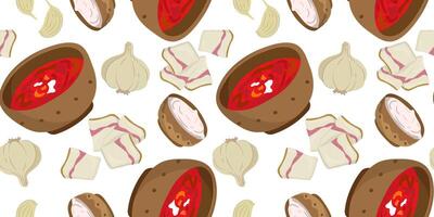 seamless pattern of borscht, garlic, and salo on white background, traditional ukrainian food ingredients repeating design, rustic culinary texture vector