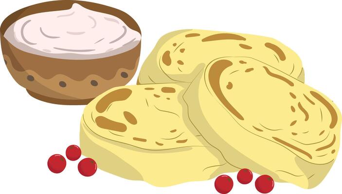 ukrainian syrniki cheese pancakes illustration with sour cream and cranberries, simple traditional breakfast dessert, isolated on white background