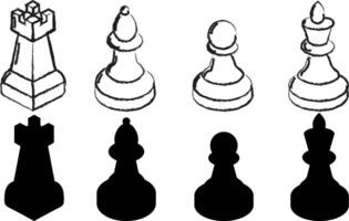 isolated objects simple silhouettes chess pieces, marker outline solid black pieces rook pawn bishop queen, strategic game elements web design decor vector