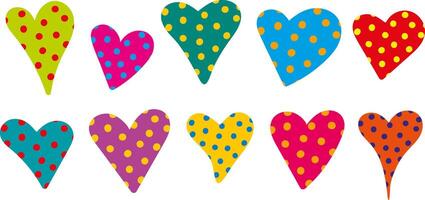 love day valentine lovers objects - polka dot hearts - rich modern colors art style - set romantic web design of textiles decor isolated white background vector