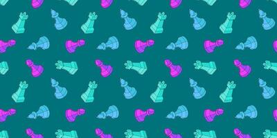 colorful outlined chess pieces seamless pattern on teal background, playful design textile and web, chess competition game day theme, repeating texture vector