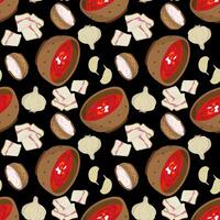 seamless pattern borscht black background garlic bulbs and cloves salo pork fat traditional ukrainian food texture vector