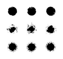Grunge black ink circle textures set. Distressed round shapes with splash, splatter and noise effects. Perfect for modern graphic design, logos, badges, posters, packaging, and background decoration vector