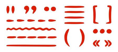 Hand drawn red punctuation marks and lines set. Includes quotation marks, brackets, ellipses, underlines, and dividers in a playful sketch doodle style. Ideal for creative typography, kids projects vector