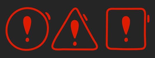 Doodle exclamation mark, notification bell, alert danger information red line sign set. Scribble hand drawn doodle exclamation point, stop warning sign in circle, triangle, square shape on black vector