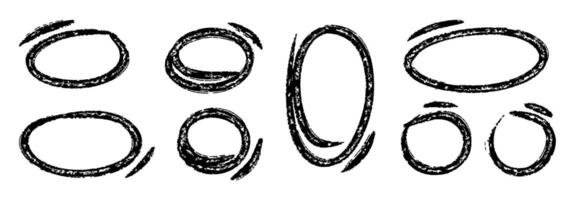 Grunge Hand Drawn Circle Highlights with dry brush or marker texture. Marker Scribble Elements Set. Sketchy rough oval and circular frames perfect for emphasizing text, UX design elements, note-taking vector