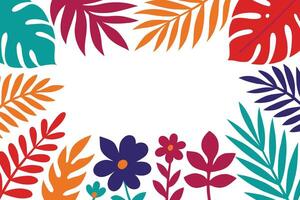 bstract Tropical Foliage Frame with Bold Orange, Green, and Teal Leaves on Soft White Background for Summer-Themed Designs With Copy Space for Text vector