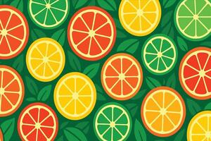 Citrus Fruit Slice Pattern with Lemon, Orange, Lime, and Grapefruit on Green Leaf Background vector