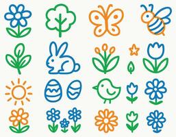 Colourful Easter and Spring Icon Set with Flowers, Bunny, Eggs, Butterfly and Bird in Doodle Style vector