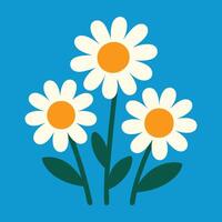 A Simple Flat Design of Three White Daisies with Yellow Centres on Bright Blue Background vector