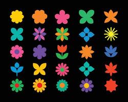 Bright Flat Flower Icon Collection on Black Background for Decorative and Graphic Design Use vector