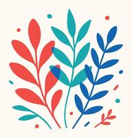 Minimal Flat Botanical Illustration with Red, Teal, and Blue Leaf Branches on Light Background vector