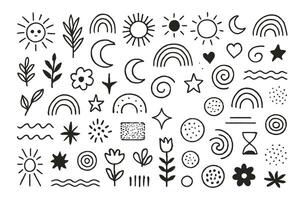 Hand-Drawn Doodle Icon Set with Boho and Nature-Inspired Sun, Moon, Stars, Flowers, Rainbows and Abstract Shapes on White Background vector