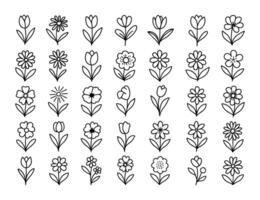 Set of Hand Drawn Flower Icons Set with Black Line Art Blossoms on White Background for Botanical Designs vector