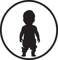 A black silhouette of an Asian baby standing, with simple lines and a white background. The circle around the figure is filled in to highlight its shape vector