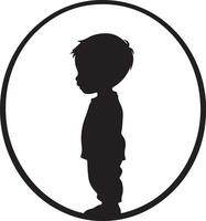 A black silhouette of an Asian baby standing, with simple lines and a white background. The circle around the figure is filled in to highlight its shape., vector