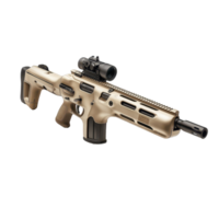 Modern rifle with optical sight displayed on a plain background emphasizing details of the design and finish png