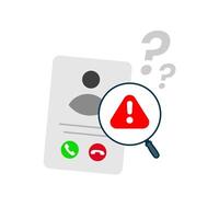 Phone call scam detection alert illustration. suspicious account, magnifying glass, and warning exclamation mark. Concept for fraud prevention, phishing alert, caller ID security, and warning vector