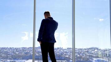 Businessman standing in his office. Rear view of a man wearing a suit talking the phone and looking out of the window. Panoramic window view with a city background. video