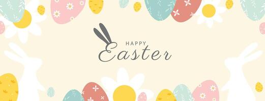 Happy Easter banner. Trendy Easter design with typography, eggs, bunny ears, in pastel colors. Modern minimal style. Horizontal poster, greeting card, header vector
