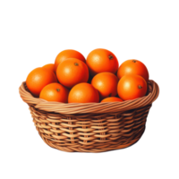 Fresh oranges in a woven basket ready for eating or juicing for a refreshing drink on a sunny day png