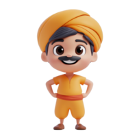Cheerful cartoon character dressed in traditional attire with a turban standing confidently in a vibrant setting png