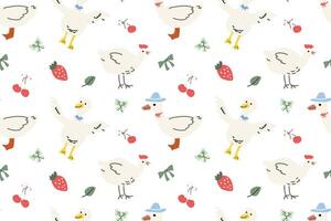 Charming farmhouse pattern with whimsical chickens and fresh fruit motifs for textile design vector