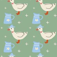 Charming cottage decor pattern with geese and vintage pitchers vector
