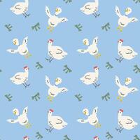 Whimsical cottage decor pattern with playful ducks on blue background vector