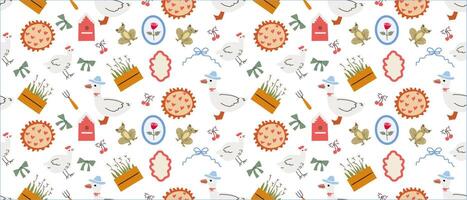 Charming cottage decor pattern with ducks and garden elements for home design vector