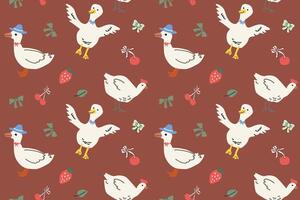 Charming cottage decor pattern with whimsical ducks, berries, and bows vector