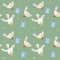 Charming cottage core seamless pattern with ducks and decorative pitchers vector