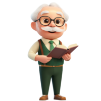 Friendly elderly character with glasses reading a book indoors in a cozy setting resembling a library or study png