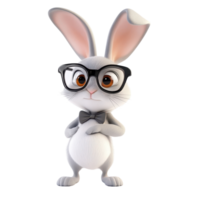 Smart gray rabbit wearing glasses and a bow tie stands confidently with a curious expression in a whimsical setting png