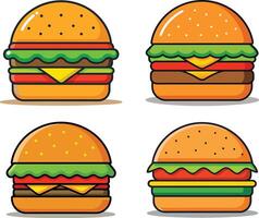 Cartoon Style Hamburger Set with Cheese, Lettuce, and Tomato vector