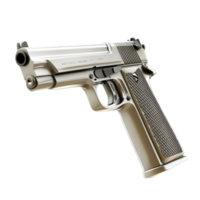 Metallic handgun displayed on a neutral background with intricate detailing and realistic features during late afternoon lighting png