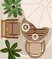 A patio scene with a table and chairs top view vector