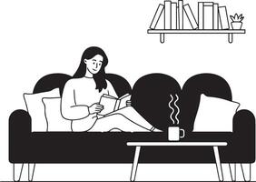Woman relaxing on sofa while reading book with hot drink and bookshelf in minimalist line art style vector