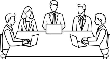 Business Team Meeting Outline Illustration Four Professionals Collaborating Around a Table with Laptops vector