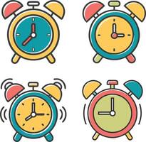 Four cartoon-style alarm clocks in various colors, showing different times. vector