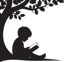 Child Reading Under a Tree Silhouette, engrossed in reading a book vector