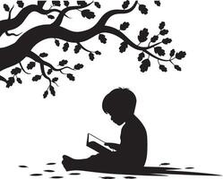 Silhouette of Child Reading Book Under a Tree vector