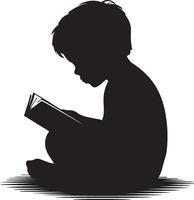 A captivating silhouette of a child seated on the floor, absorbed in reading a book. vector